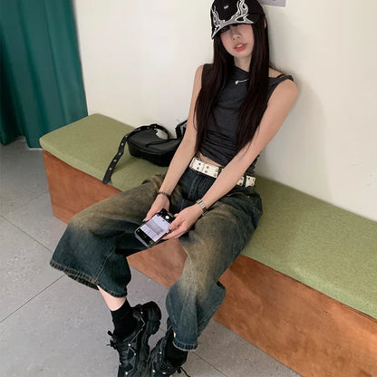 2024 American Vintage High Waist Mid Long Baggy Denim Shorts Women's Casual 2000s Y2K Wide Leg Grunge High Street Style Shorts