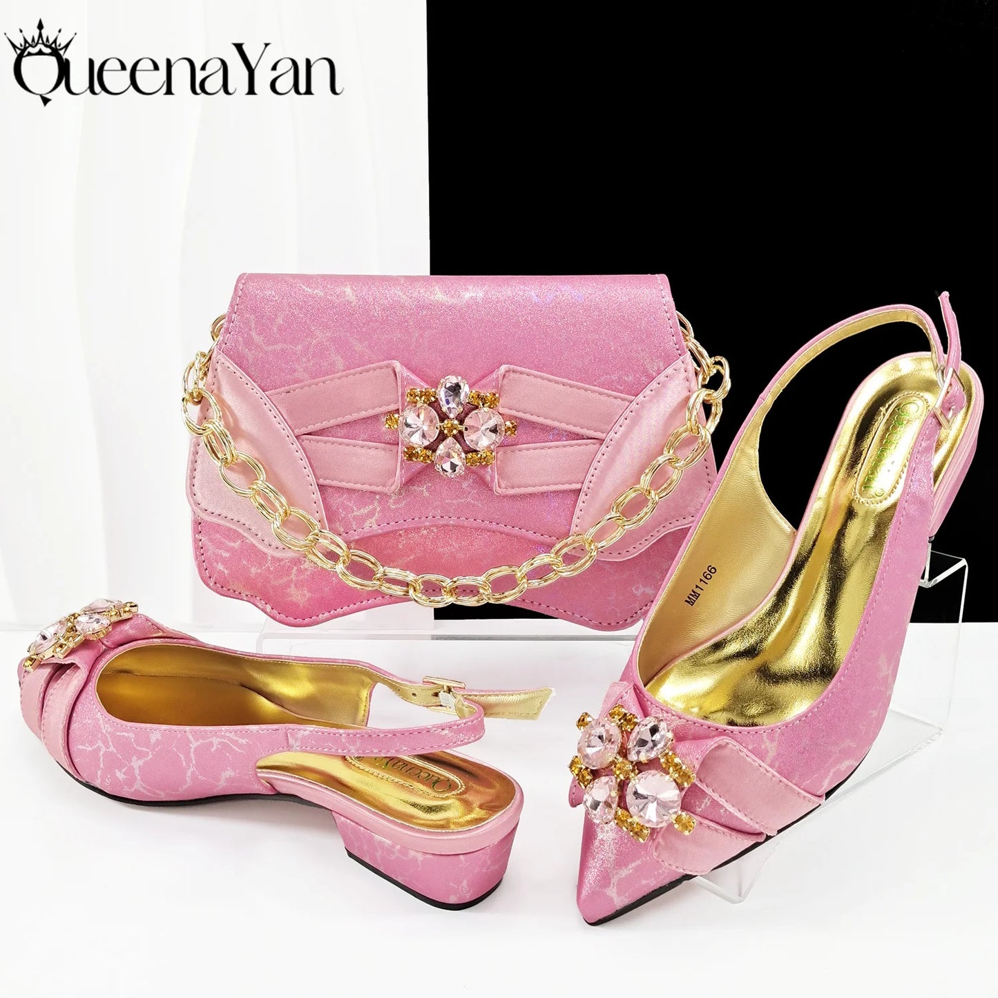 2025 New Summer Collection Stylish Italian Women’s Shoes and Bag Set Gold Colour Comfortable Low Heels With Rhinestone