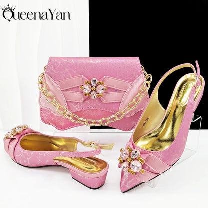 2025 New Summer Collection Stylish Italian Women’s Shoes and Bag Set Gold Colour Comfortable Low Heels With Rhinestone