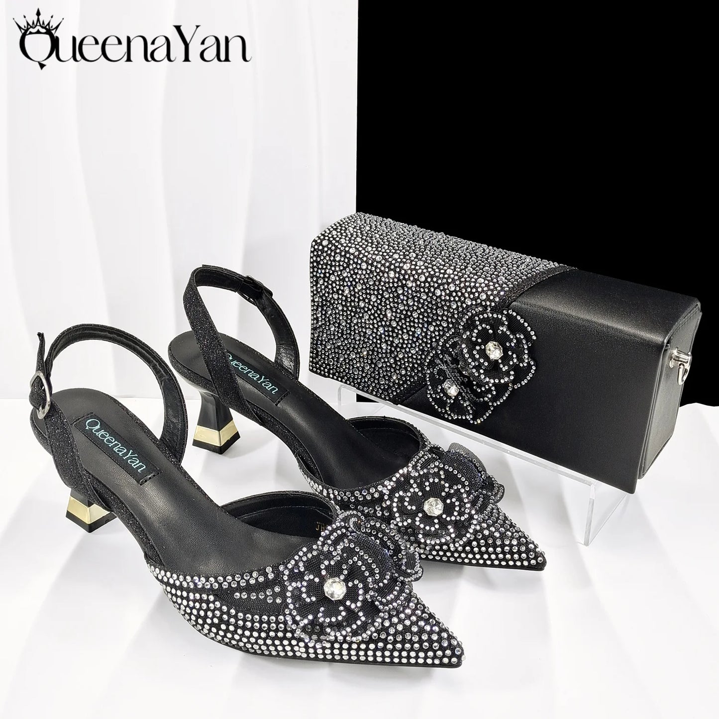 Elegant African-Inspired Evening Shoes and Handmade Clutch Set Pointed Toe High-Heel Women's Footwear and Matching Bag
