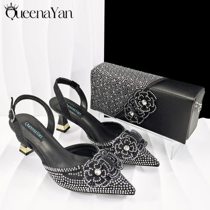 Elegant African-Inspired Evening Shoes and Handmade Clutch Set Pointed Toe High-Heel Women's Footwear and Matching Bag