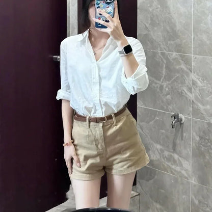 Khaki Casual Shorts for Women Summer All-Match Stretch Denim Straight Shorts Ladies Korean Simple with Belt Hot Short Pants