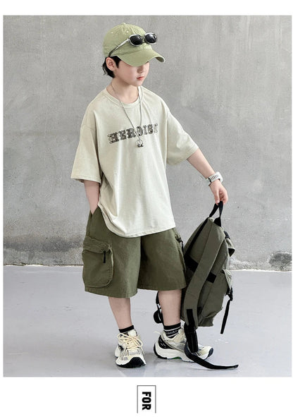 New Summer Korean Children Fashion Suit for Teen Boy Cotton Top And Bottom Set Kids Casual Tshirt Shorts 2PCS Clothing Set 7-16Y