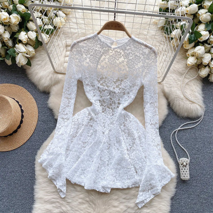 Women's Autumn Mesh Lace Hollow Out White Short Dress Women Micro Flare Sleeve See Through Translucent Sexy Girl's Mini Dress