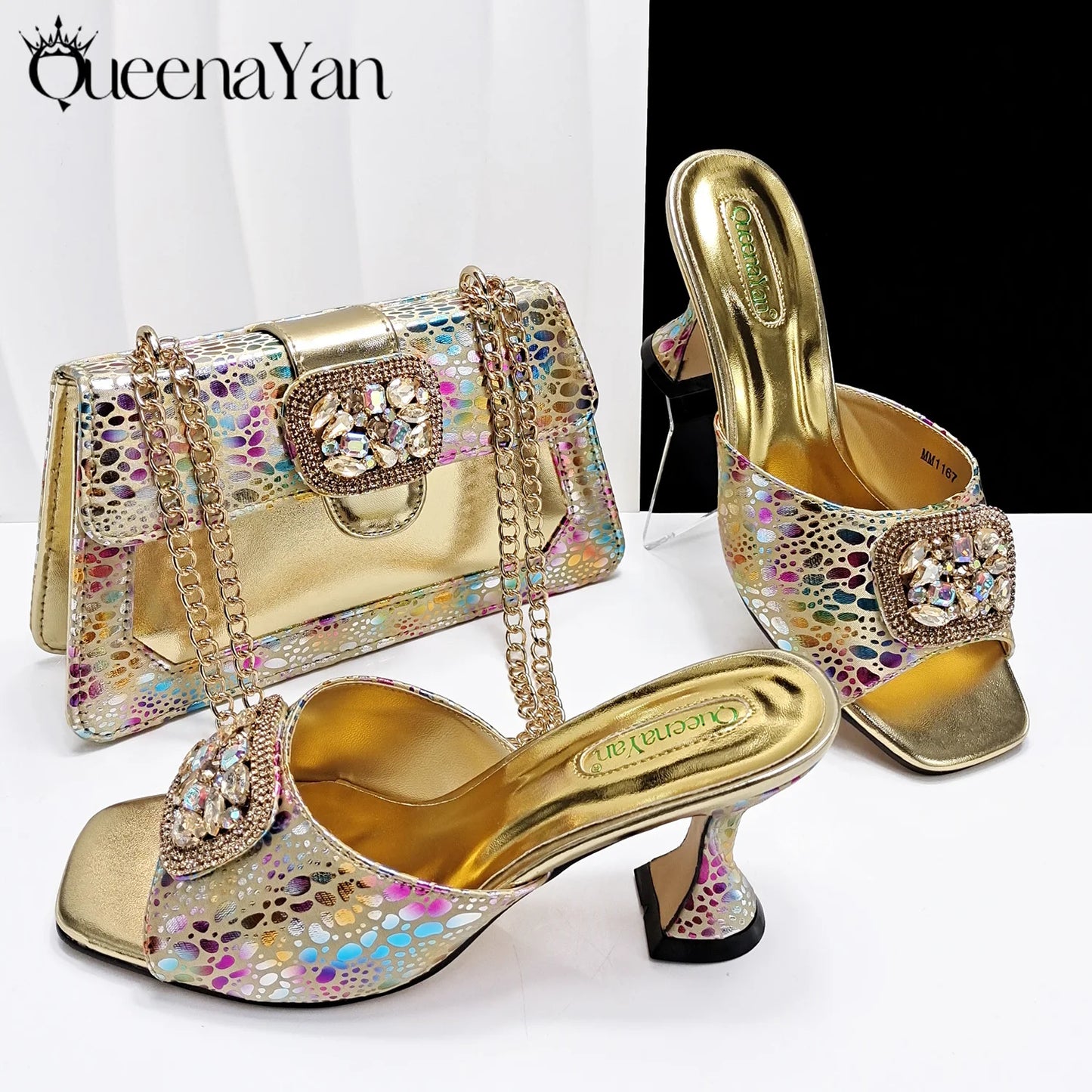 Italian Fashion Design Shoes and Bags Matching Set 2025 Peep Toe High Heels Blue Color Rhinestones Women Shoes for Party