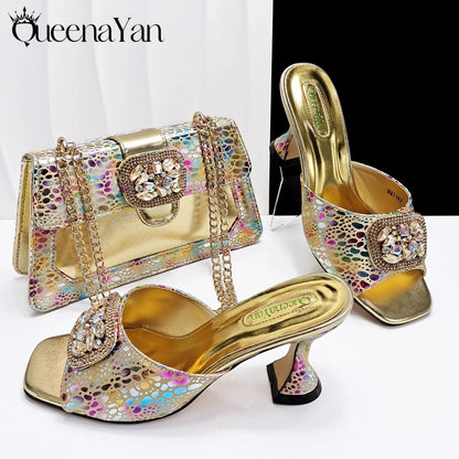 Italian Fashion Design Shoes and Bags Matching Set 2025 Peep Toe High Heels Blue Color Rhinestones Women Shoes for Party