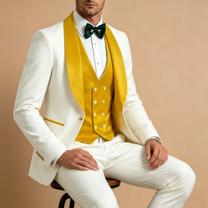 Men White Tuxedo Suit 3 Piece Shawl Lapel Slim Fit 1 Button Velvet Collar Patched Blazer Vest Pants Set for Wedding Party Groom