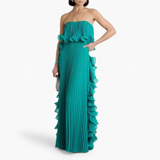 Trendy Women Summer Holiday Dress Orange Pleated Chiffon Long Formal Dresses Custom Made Ruffled Strapless Beach Party Dress