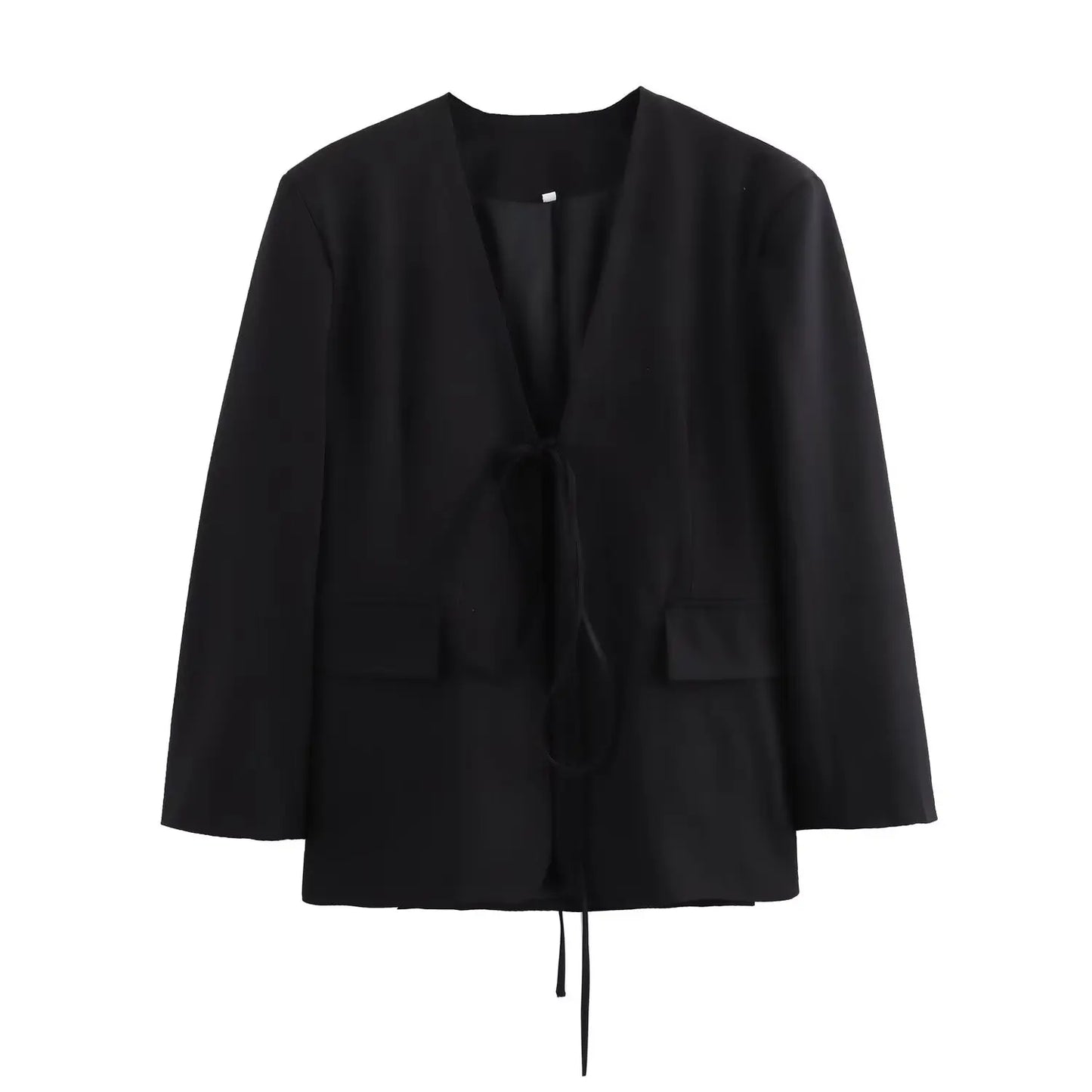 Casual Oversized Black Blazer Women V Neck Bow Tie Pockets Loose Jackets Fashion 2025 Fall Streetwear Women Outwears