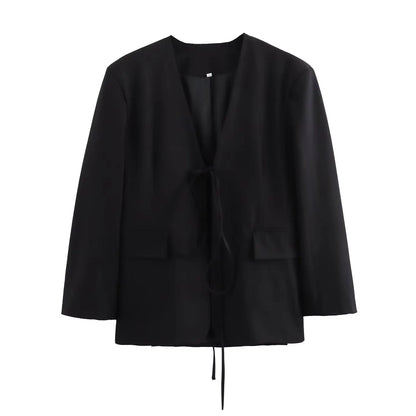 Casual Oversized Black Blazer Women V Neck Bow Tie Pockets Loose Jackets Fashion 2025 Fall Streetwear Women Outwears