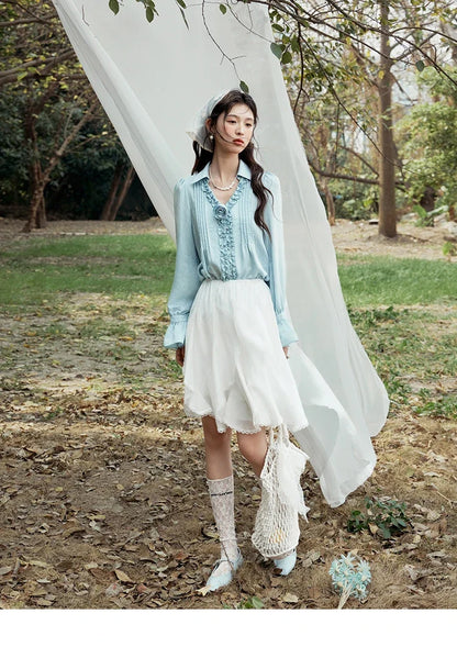 Spring New Blouses for Women 2025 V-neck Long Flare Sleeve Solid Shirts Female Fashion Straight Tops Woman MXE14X1730