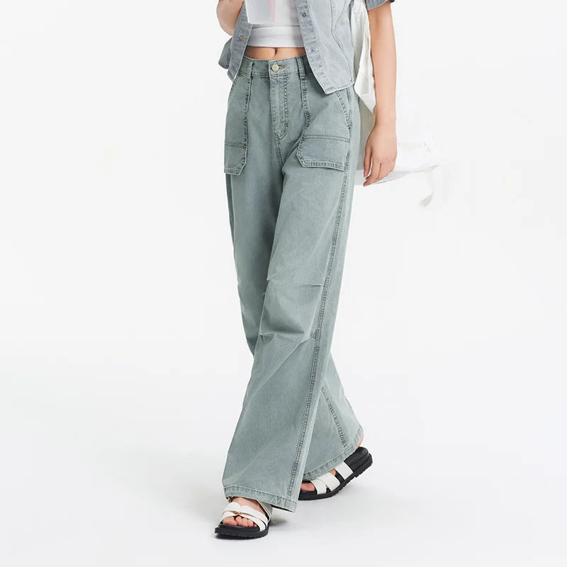 Women Pants Denim Drawstring Cool Feeling Loose Workwear American Street Style Cool Wide Leg 2026 Summer Fashion Top