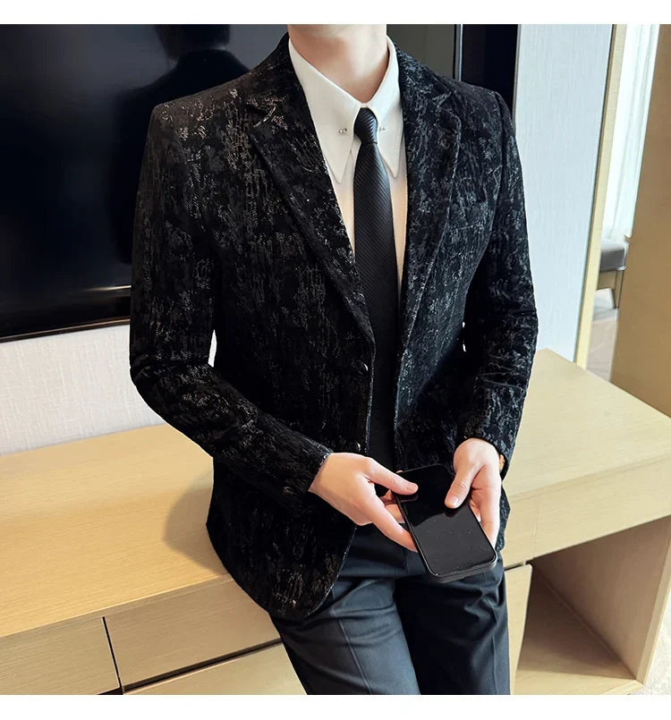 High Quality Plush Jacquard fashion Suit Jacket  Korean Version Slim Fit Business Retro Casual Social Wedding Suit Blazer 5XL-M