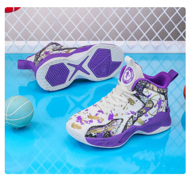 Original Children's Basketball Shoes Fashion Print Purple Basketball Sneakers Kids Training Shoes High Top Sports Shoes For Boys