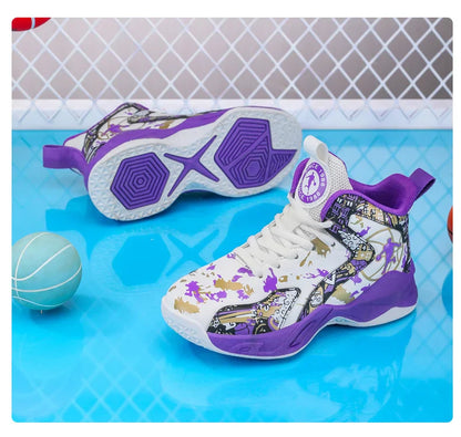 Original Children's Basketball Shoes Fashion Print Purple Basketball Sneakers Kids Training Shoes High Top Sports Shoes For Boys
