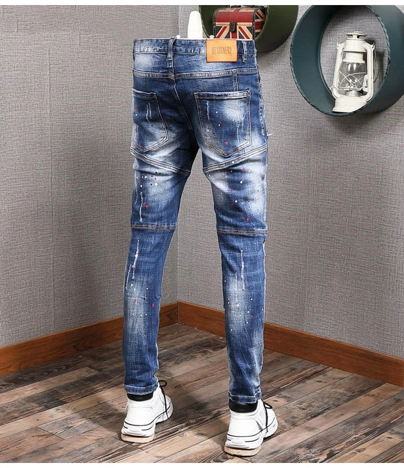 Fashion Streetwear Men Jeans Retro Black Blue Elastic Slim Fit Ripped Jeans Men Spliced Designer Embroidery Hip Hop Denim Pants