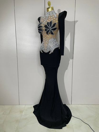Luxury Sparkly Diamonds Pearl White See Through Mesh Long Dress Women Wedding Evening Party Stage Performance Photoshoot Dress