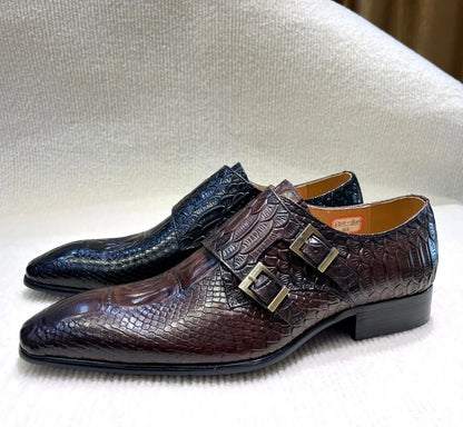 Men's Italian Genuine Leather Formal Oxford Shoes Python Crocodile Pattern Button Detailing for Office Party Wedding Footwear