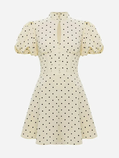 Retro Polka Dot Mini A-line Dress Elegant Stand Collar Puff Short Sleeve Waist-cinching Dresses 2026 New Lady Party Gowns