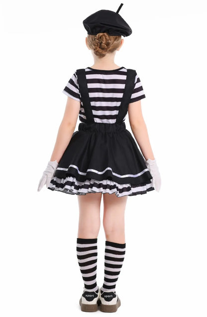 Mime Costume Clown Cosplay Clothing Girls Stage Performance Skirt T-shirt Hat Gloves Halloween Carnival Party Suit ﻿
