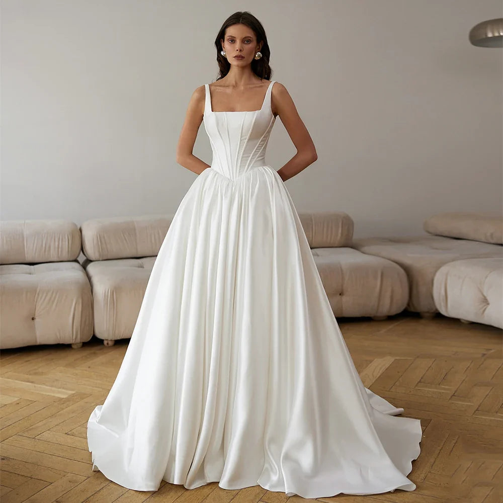 Modern Corset Wedding Dress Satin Bridal Gown Customized Square Neck Sleeveless Sweep Train Draped Woman Bride Dresses