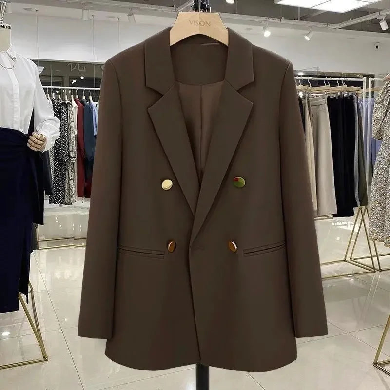 Blazer Woman Autumn Spring Long Sleeve Double Breatsed Lapel Loose Coat Slim Casual Jackets Office Ladies Vintage Blazers