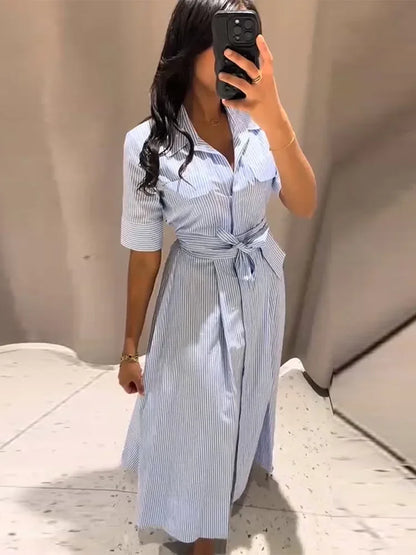 Elegant Women's Striped Long Dress Summer Lace Up Turn-Down Collar Single-breasted Blue A-line Dresses 2026 Lady Holiday Robes