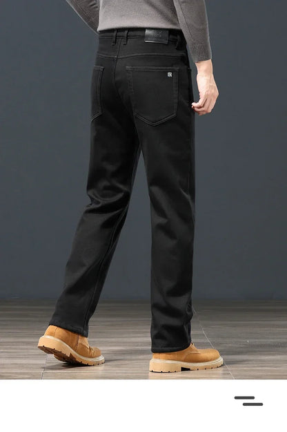 Winter Men's Fleece Warm Jeans Classic Black Plush Loose Straight Business Casual Pants Thermal Male Clothing 40 42 44