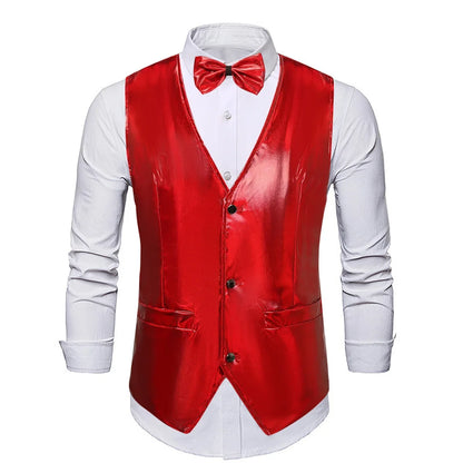 2025 New Gold, Silver, Pink, Purple Disco Glitter Vest for Men, Six Color Bright Men's Waistcoat with Bow Tie, Eur Size S-2XL
