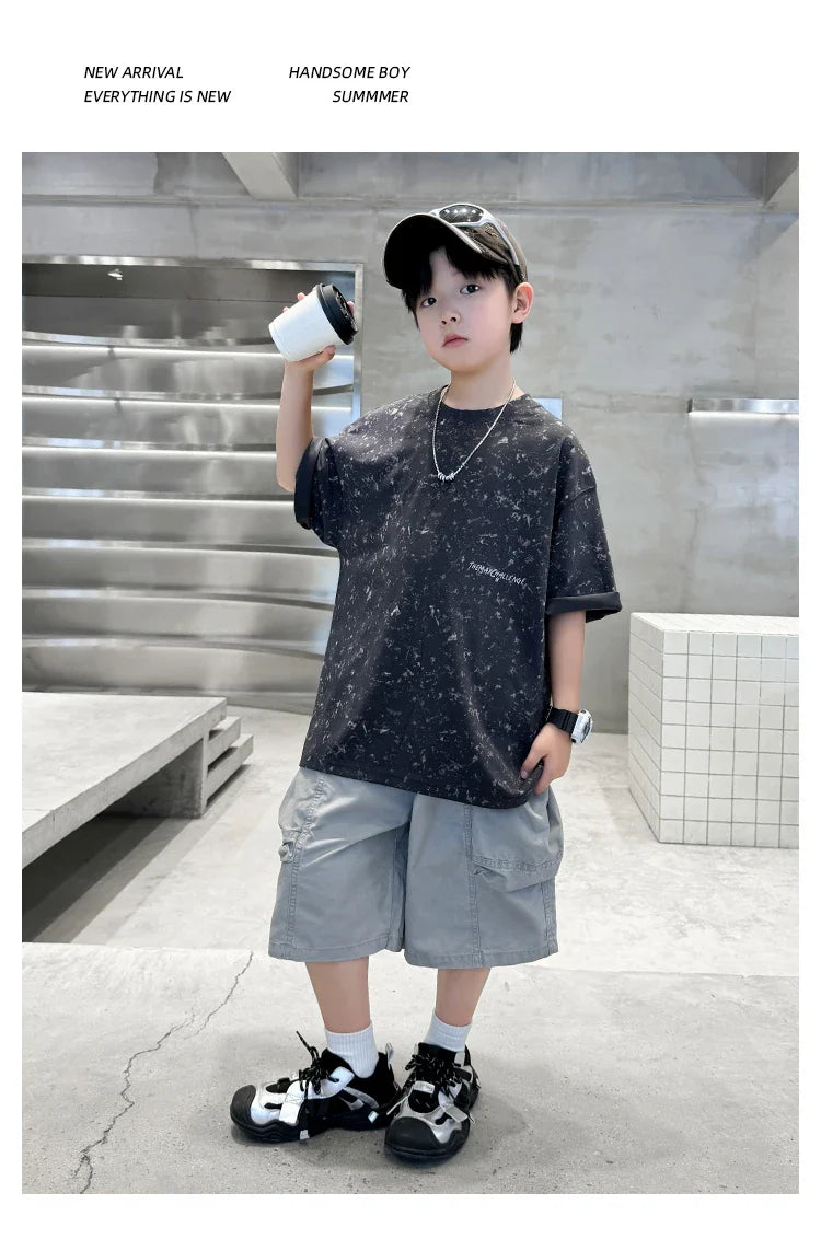 Summer Suit for Boy with Shorts Two Piece Clothing Set Kids Child Cotton Top and Bottom Clothes Set Casual Outfit Tracksuit 5-14