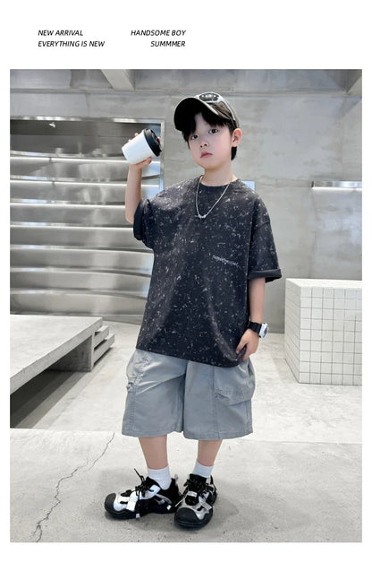 Summer Suit for Boy with Shorts Two Piece Clothing Set Kids Child Cotton Top and Bottom Clothes Set Casual Outfit Tracksuit 5-14