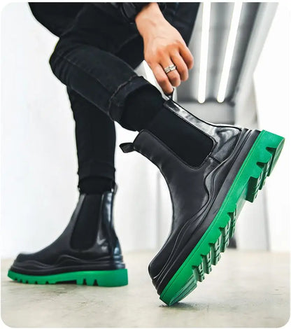 Fashion Mens Sheoes Platform Chelsea Boots Thick Bottom Split Leather Ankle Boots Male Footwear Round Toe Short Boots