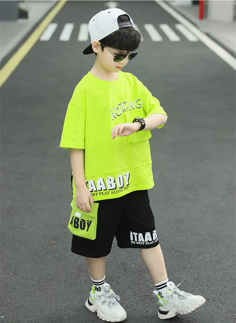 Kpop Boys Clothes Sets 2026 Summer Teen Kids Fashion Letter Print Short Sleeve T-shirt+Shorts 2Pcs Children Tracksuit Outfits