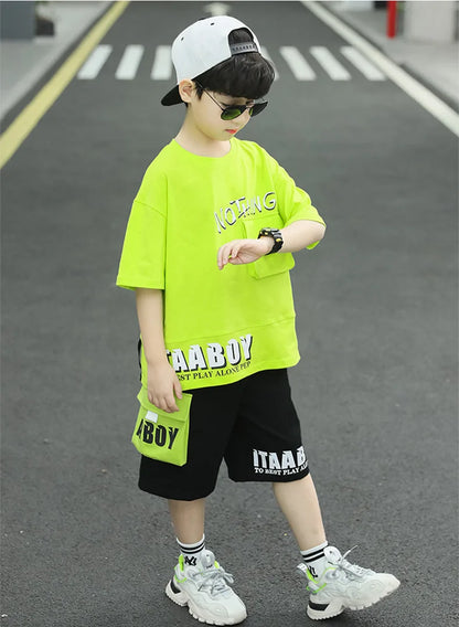 Kpop Boys Clothes Sets 2026 Summer Teen Kids Fashion Letter Print Short Sleeve T-shirt+Shorts 2Pcs Children Tracksuit Outfits