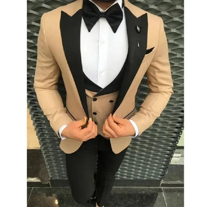 Costume Homme Grey Wedding Men Suits Black Peak Lapel Groom Prom Party Terno Masculino Slim Fit Blazer 3 Pcs Jacket+Pant+Vest