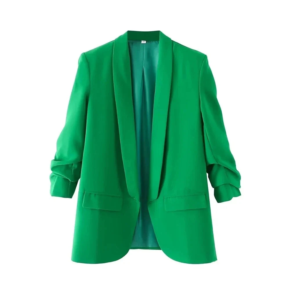 Women Fashion Office Wear Open Blazer Coat Vintage Long Pleated Sleeves Flap Pockets Female Outerwear Chic Tops