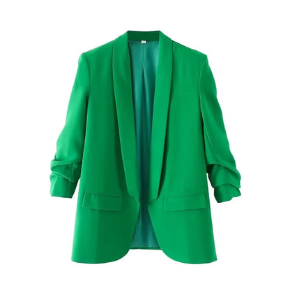 Women Fashion Office Wear Open Blazer Coat Vintage Long Pleated Sleeves Flap Pockets Female Outerwear Chic Tops