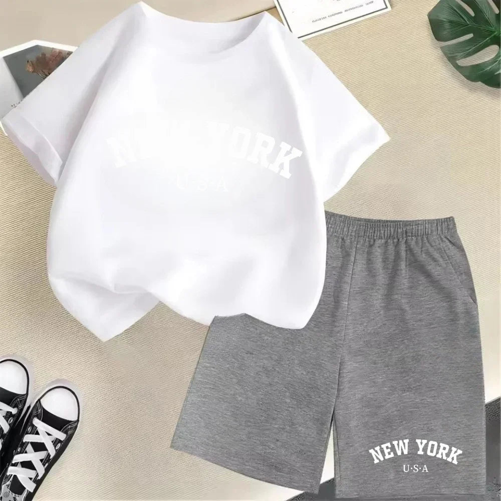 2026 New Kids Boys Girls New York Letter Pattern Cotton T-shirt+Shorts 2-Piece Set Casual Daily