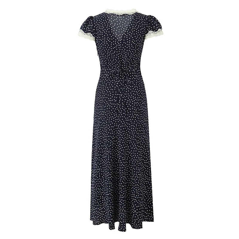 2025 Women Navy Blue Polka Dot Long Dress Lace Trim V Neck Short Sleeve A-line Elegant Holiday Dresses Summe Maxi Robe