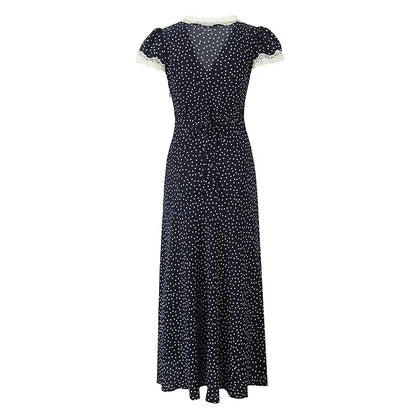 2025 Women Navy Blue Polka Dot Long Dress Lace Trim V Neck Short Sleeve A-line Elegant Holiday Dresses Summe Maxi Robe