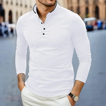 2025 New Men's Casual and Fashionable Solid Color Long Sleeved Stand Up Collar T-shirt Summer Versatile and Comfortable Top