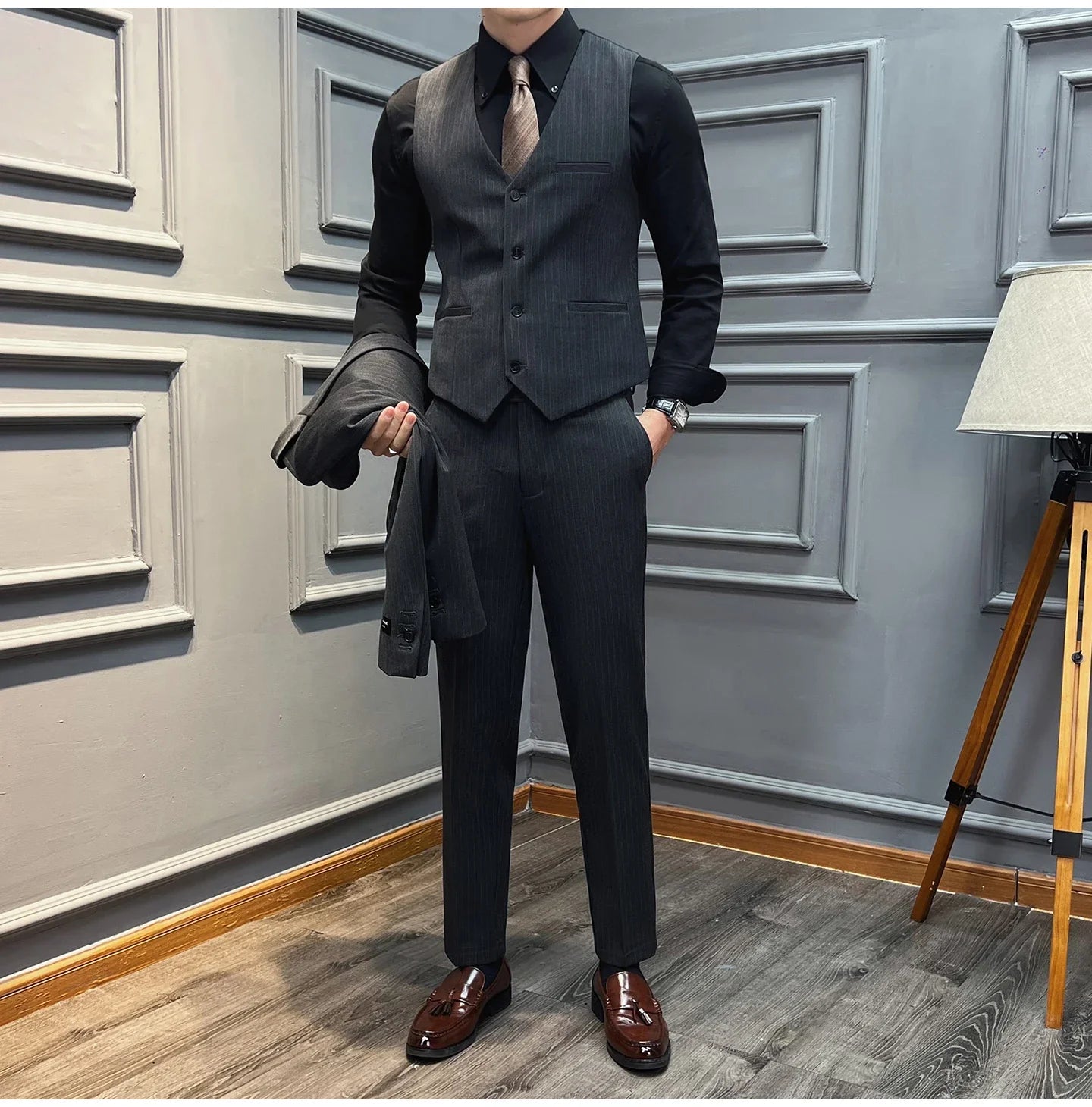 5XL-M( Vest + Pants) High-end Brand stripe Suit Vest 2 pieces Men Luxury Fashion Groom Wedding Vest Set Male Club Party Clothing