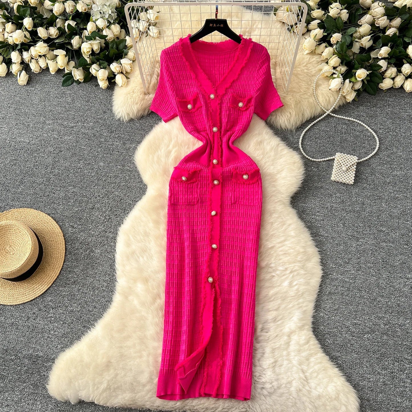 High Quality Elastic Knitted Long Sundress Women Short Sleeves Button Design Office Lady Vintage Split Slim Dress