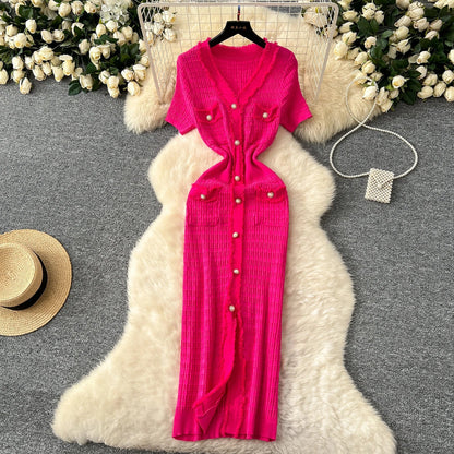 High Quality Elastic Knitted Long Sundress Women Short Sleeves Button Design Office Lady Vintage Split Slim Dress