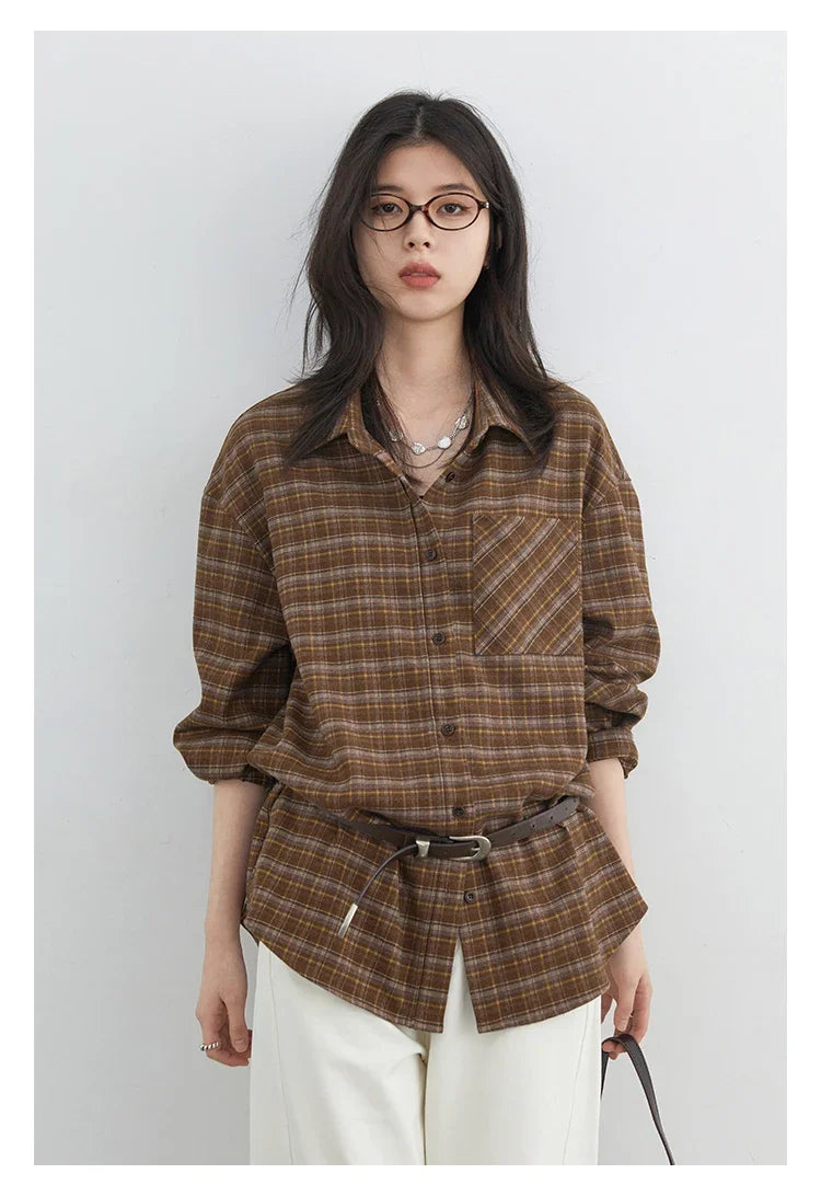 New Women Shirt Loose Casual Long Sleeved Vintage Thick Sanding Female Plaid Blouses Single-breasted Autumn Winter 2026