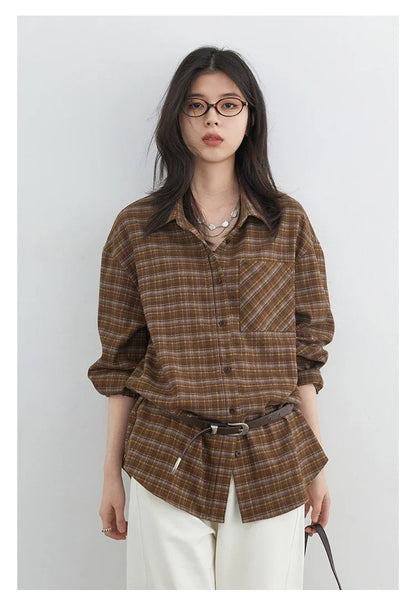 New Women Shirt Loose Casual Long Sleeved Vintage Thick Sanding Female Plaid Blouses Single-breasted Autumn Winter 2026