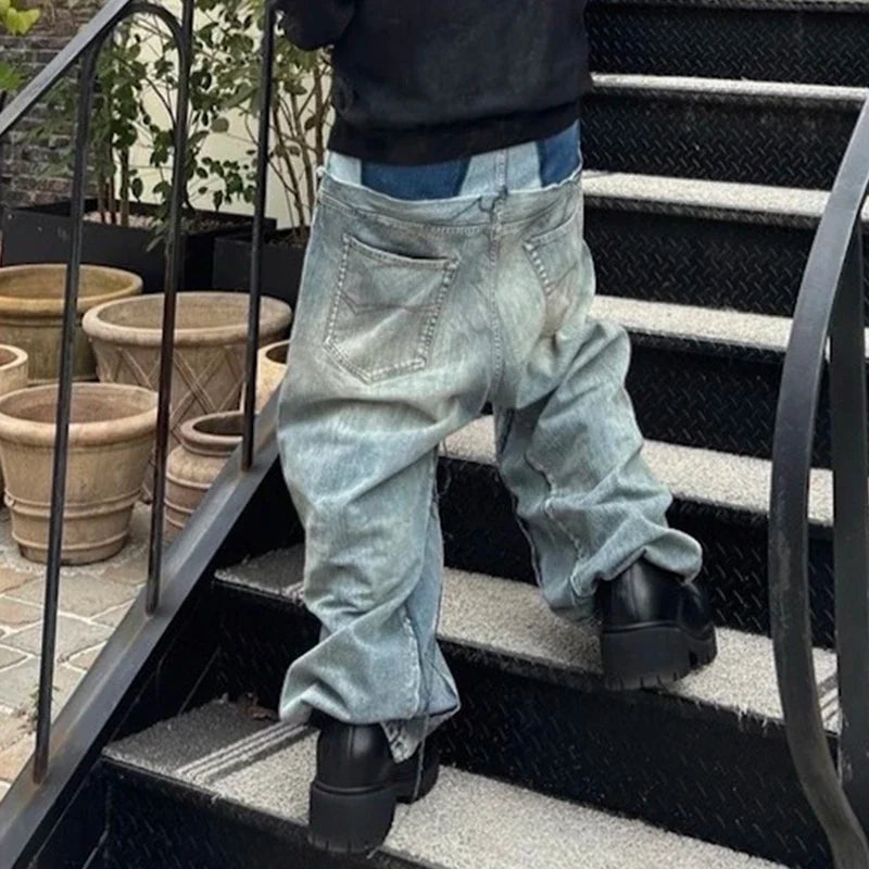 Double-layer Double Waist Patchwork Baggy Jeans for Men and Women Straight Casual Loose Denim Trousers Oversized