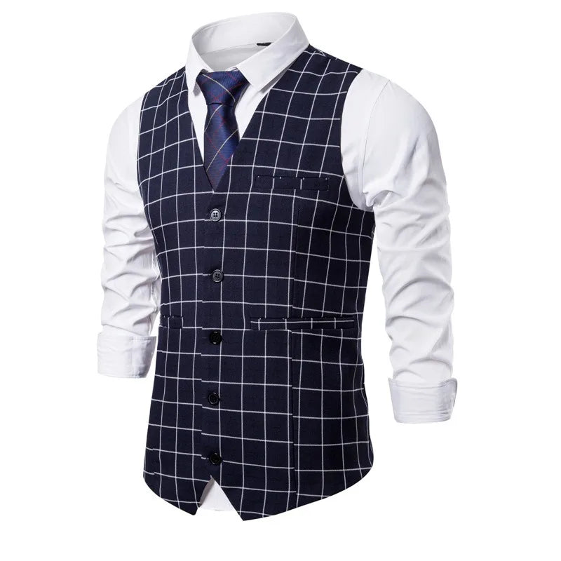 2026 Man Waistcoat Slim Plaid Business Casual Male Suit Vest V-neck Sleeveless Breathable Wedding Party Vest for Men