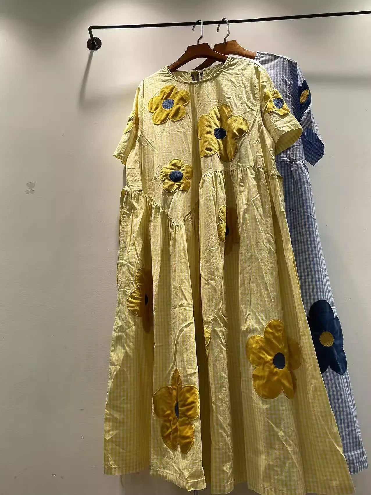 2026 Mori girl sweet blue yellow striped floral embroider patchwork dress for women summer Japan style 100% cotton long dress