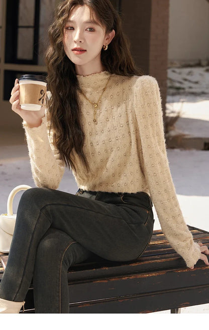 Lace Bottoming Shirt Women Autumn Winter Mock Neck Long Sleeve Knitted Pullover French Warm Inner Top Female MXC58Z0481